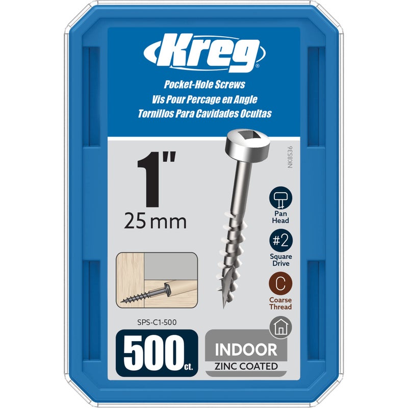 Kreg SPS-C1-500 Zinc Pocket Screws, 1-Inch, #7 Coarse Thread, Pan Head (500 Count) - Image 1